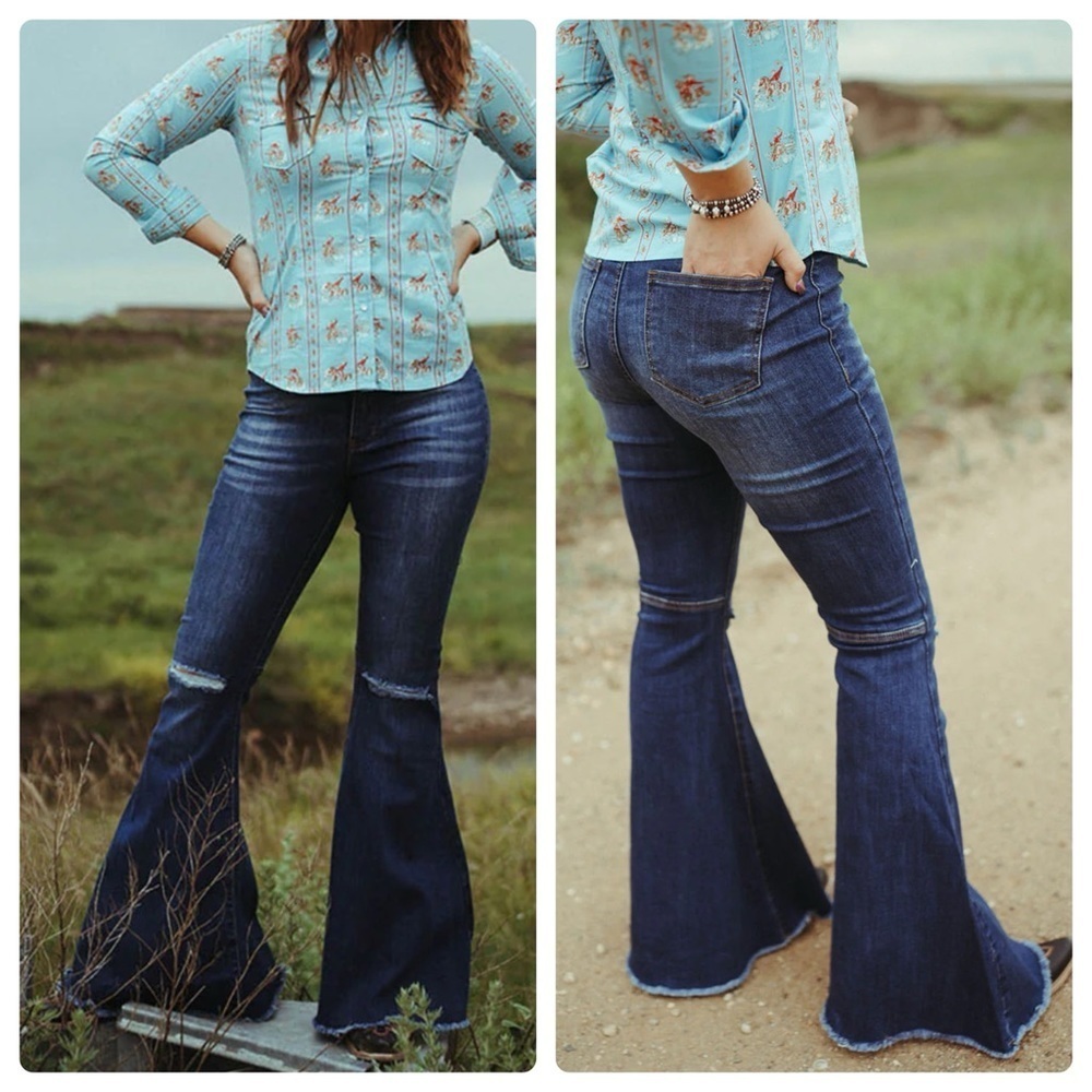 Home Folk Distressed Women's Dark Wash Blue Flare Jeans